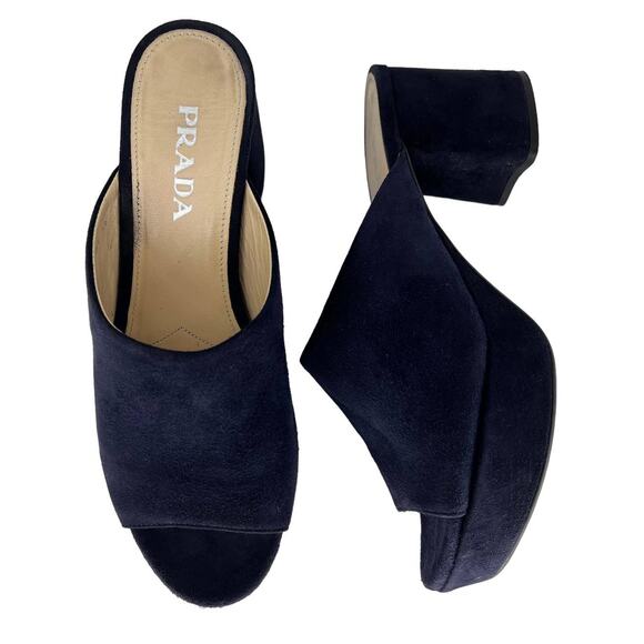 Prada Suede Navy Platform Heeled Mules - Picture 1 of 11